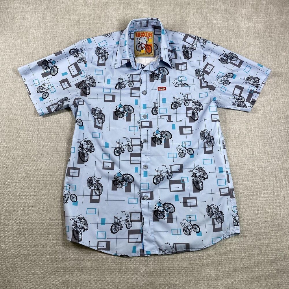 Dixxon Shirt Mens Medium Blue Cruisin Bicycle Print Button Up Stretch Casual